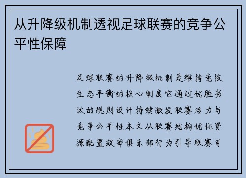 从升降级机制透视足球联赛的竞争公平性保障